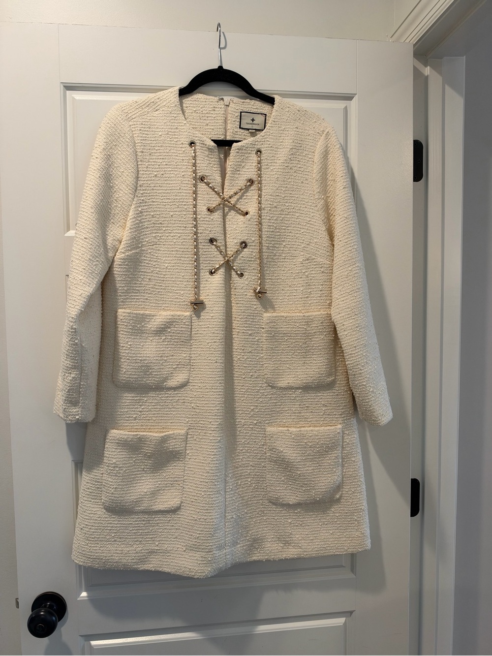 Tuckernuck Cream Textured Dress with Lace-Up Gold Chain Front
